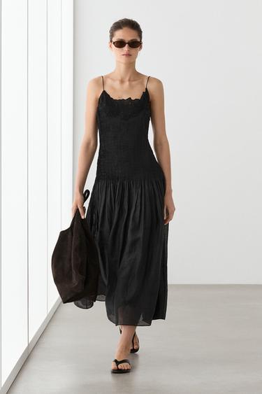Zara Flowing embroidered midi dress with pintuck detail - Black - Image 0