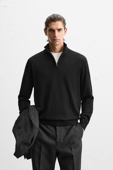 100% WOOL QUARTER ZIP JUMPER - Black by Zara