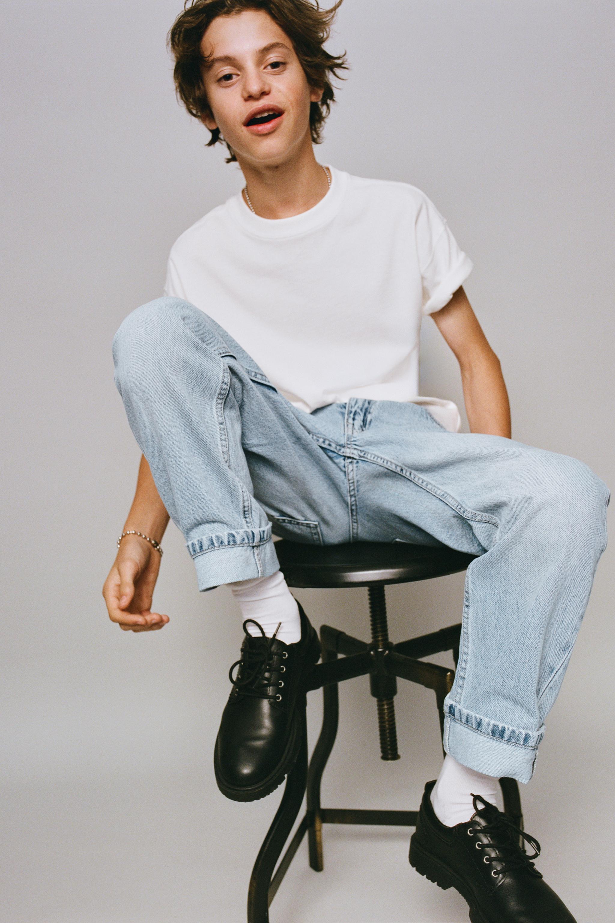 CUFFED STRAIGHT-LEG JEANS — Light blue