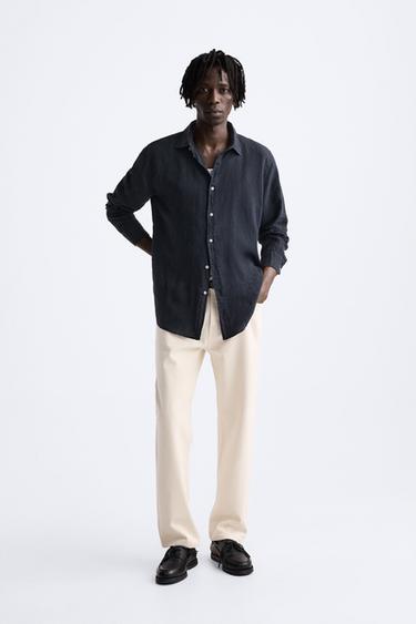 100% LINEN SHIRT - Navy blue by Zara - Image 0