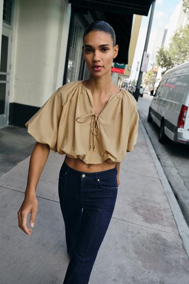 TOP BALLON EN POPELINE - Marron clair de Zara - Image 1