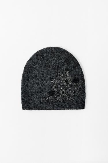EMBROIDERED BEANIE WITH BEADS - Grey by Zara