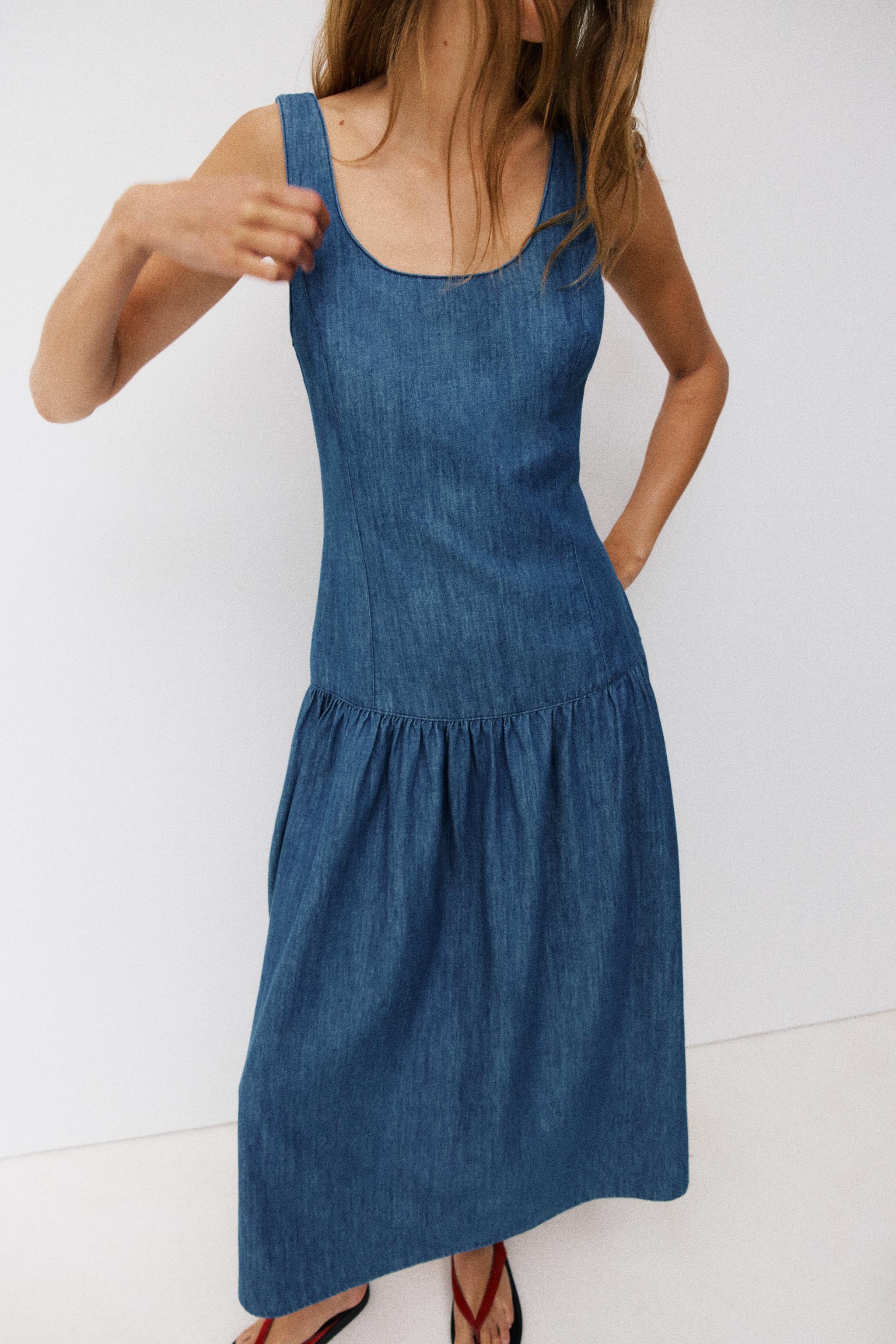 MIDI DRESS WITH CAPE SKIRT — Blue