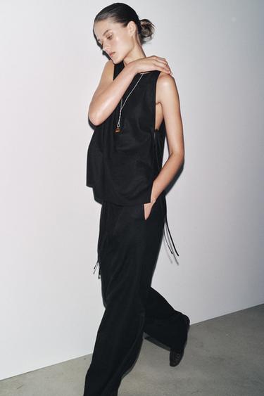 ZW COLLECTION WIDE-LEG LINEN BLEND TROUSERS - Black by Zara