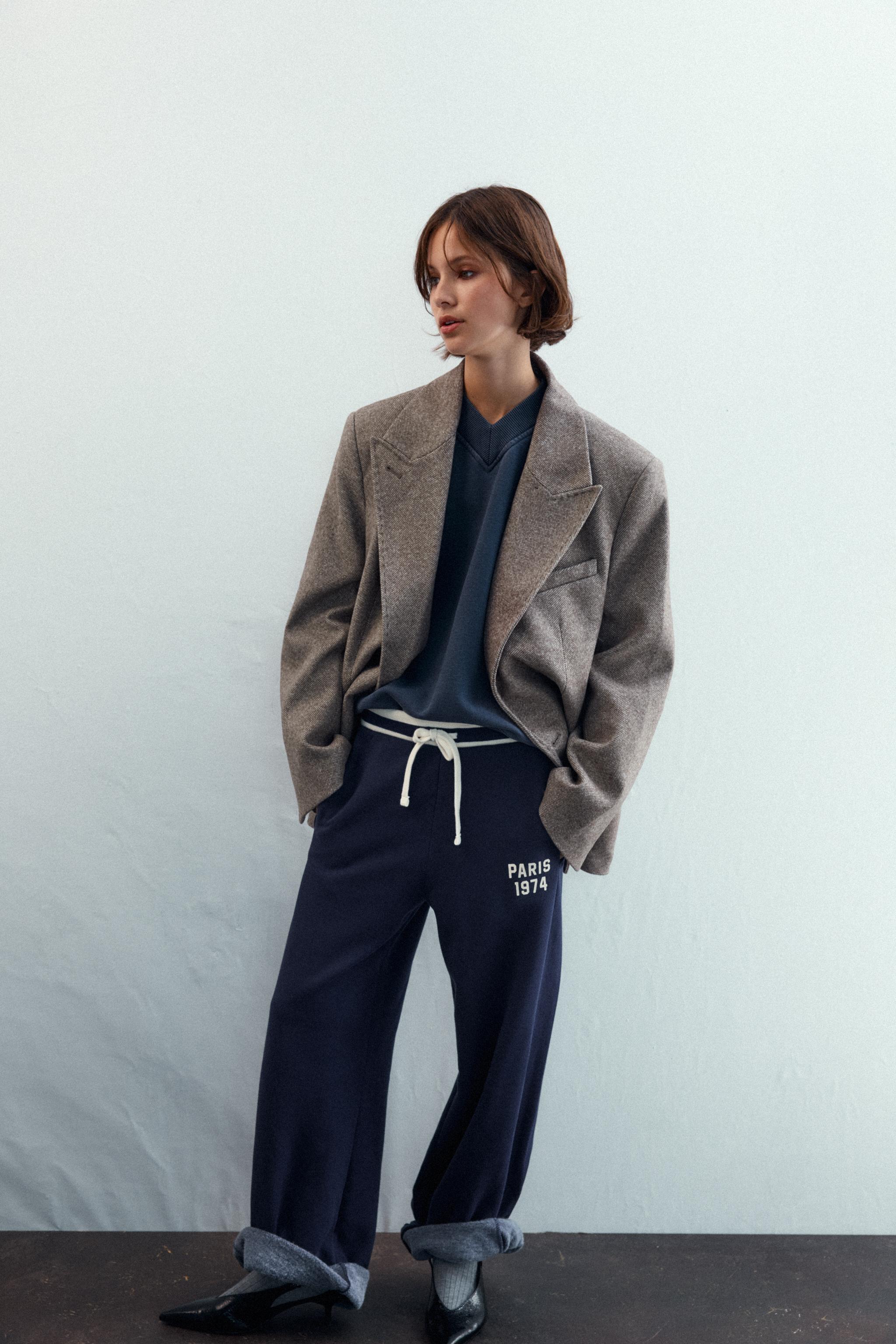 【美品】ZARA　ヘリンボーン柄ドロップショルダーコート 取り外し可能な襟付きコート - グレー | ZARA Japan / 日本