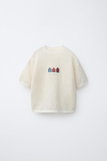 STRICK-T-SHIRT MIT HAUS-STICKEREI - Cremefarben von Zara