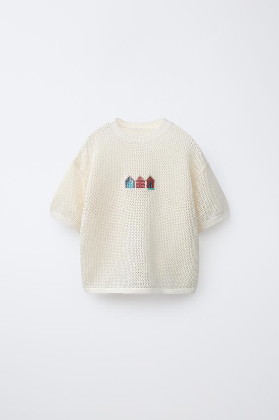 CAMISETA PUNTO CASITAS BORDADAS - Crudo de Zara - Imagen 0