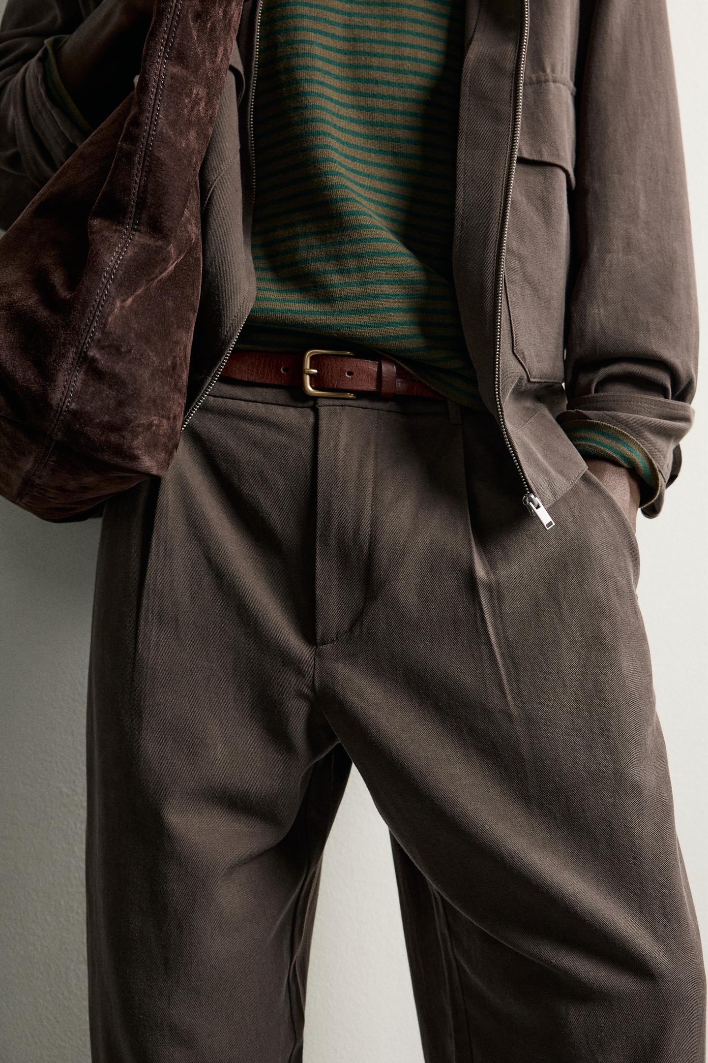 Мужские брюки Zara Relaxed Fit Pleated, цвет: Коричневый — фото 5