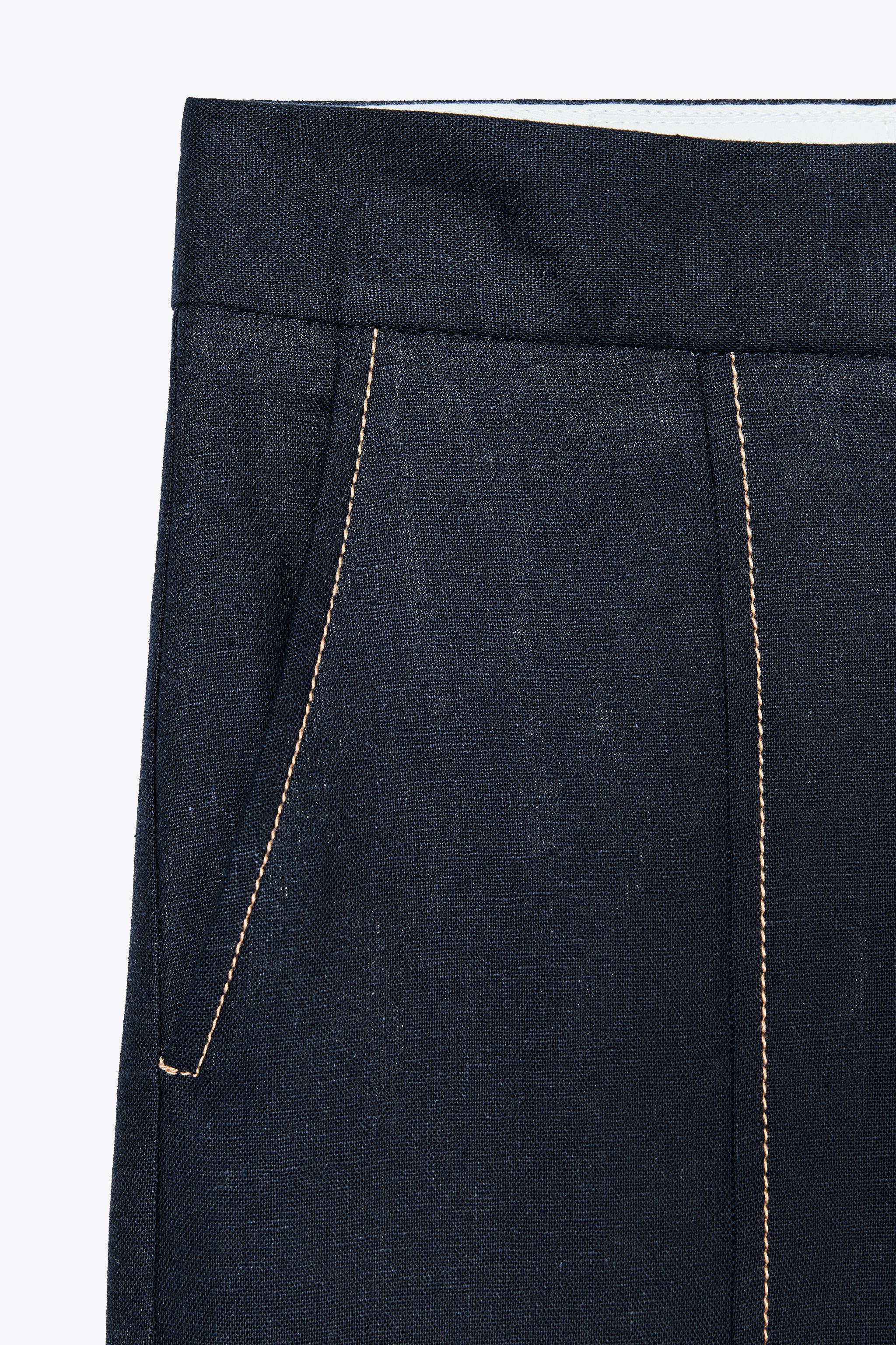 ZARA リネンストレートパンツ、ステッチディテール入り 2899/709 リネンストレートパンツ、ステッチディテール入り - ネイビー