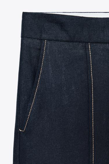 PANTALON DROIT SURPIQÛRES AVEC LIN - Bleu marine de Zara - Image 3