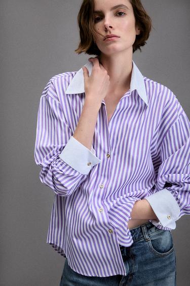 CAMISA DE POPELINA LISTRADA - Lilás / Branco da Zara