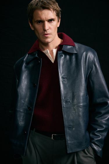 BOXY FIT LEATHER JACKET - Navy blue by Zara