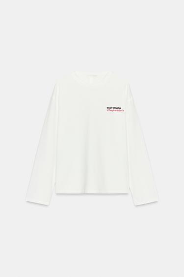 Zara TEXT PRINT LONG SLEEVE T-SHIRT - White