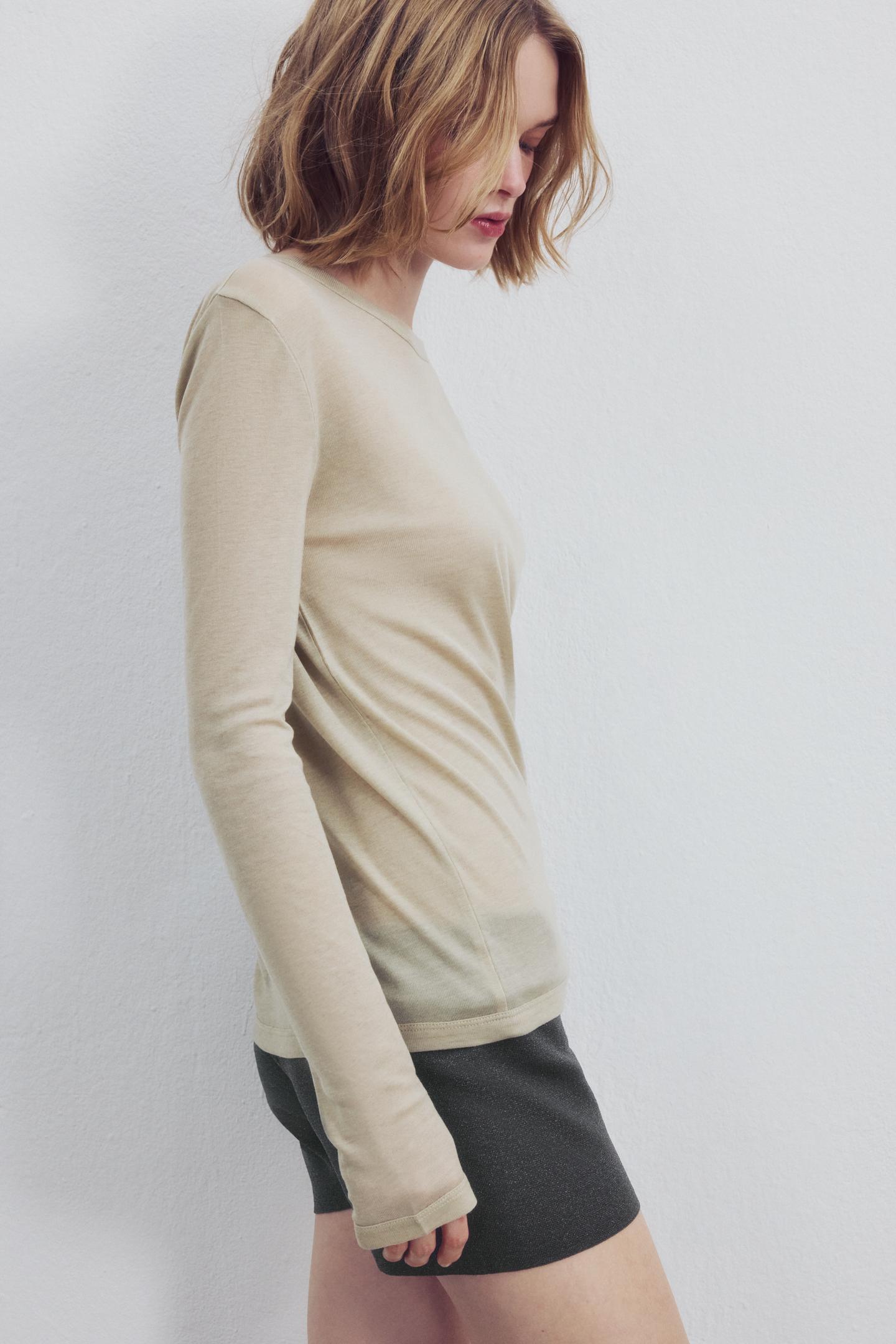Женская футболка Zara Crew Neck, цвет: Коричневый / Серо-коричневый — фото 5