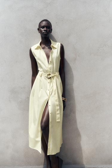 ROBE MIDI EN POPELINE CEINTURE - Jaune de Zara - Image 1