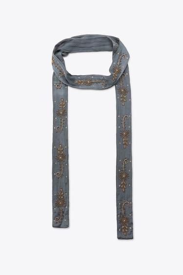 LIMITED EDITION EMBROIDERED BEADED SCARF - Mid-blue by Zara