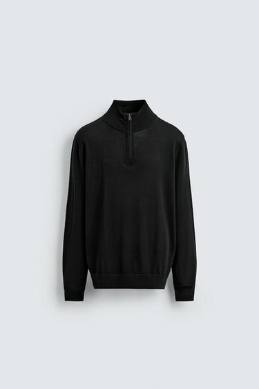 100% WOOL QUARTER-ZIP SWEATER - Black by Zara
