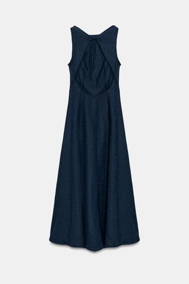 Zara LINEN OPEN BACK MIDI DRESS - Blue