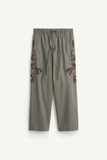 CONTRAST EMBROIDERED LINEN-COTTON TROUSERS - Green / Blue by Zara