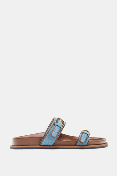 SANDALES PLATES EN TISSU DENIM - Bleu jean de Zara - Image 0