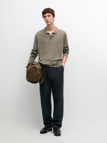 Zara Linen polo collar knit sweater - Light khaki