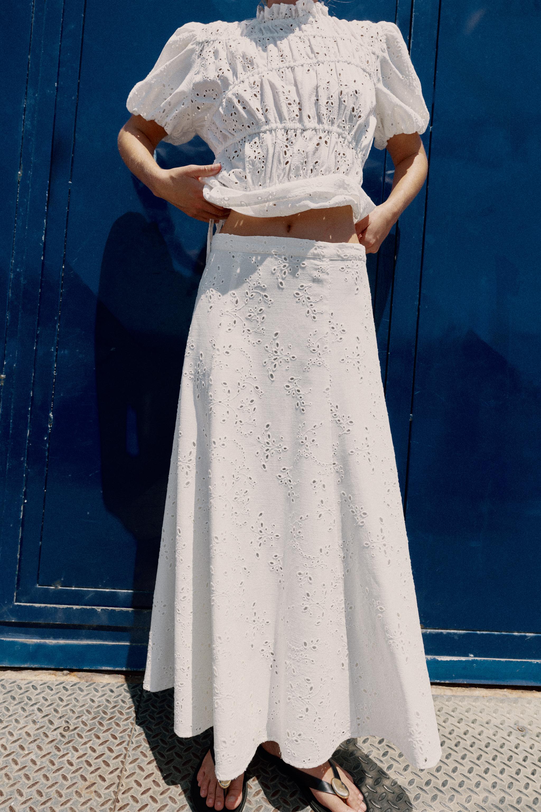 EMBROIDERED EYELET MIDI SKIRT