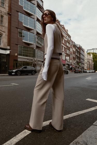 KARIERTE HOSE MIT GÜRTEL - Beige / Marineblau von Zara