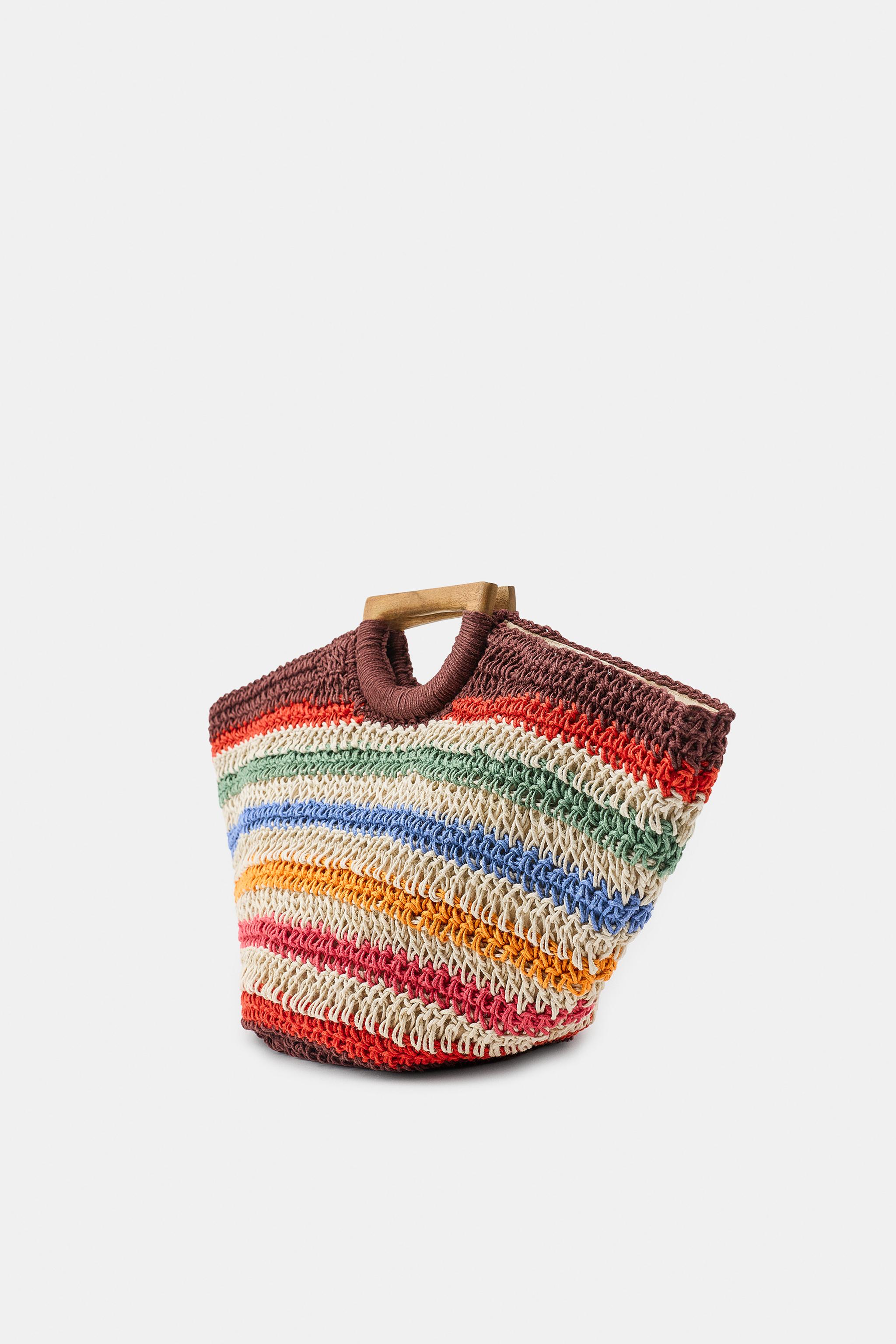 Zara %100 Jüt Çizgili Tote Çanta görsel 4