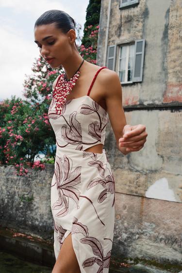 Zara CUT OUT EMBROIDERED MIDI DRESS - Multicolored