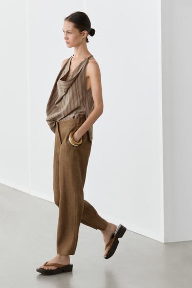 Pantalon barrel 100 % lin - Noir or de Zara