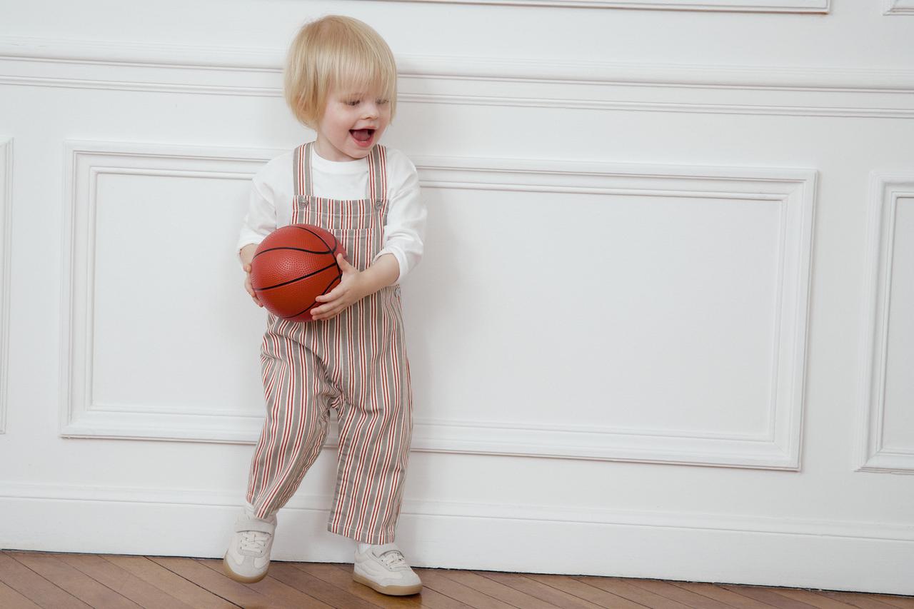 STRIPED TWILL OVERALLS — Brown / Ecru