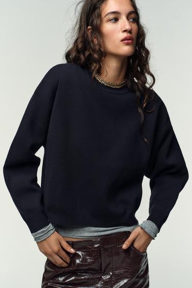 Zara PLAIN KNIT SWEATSHIRT - Navy blue