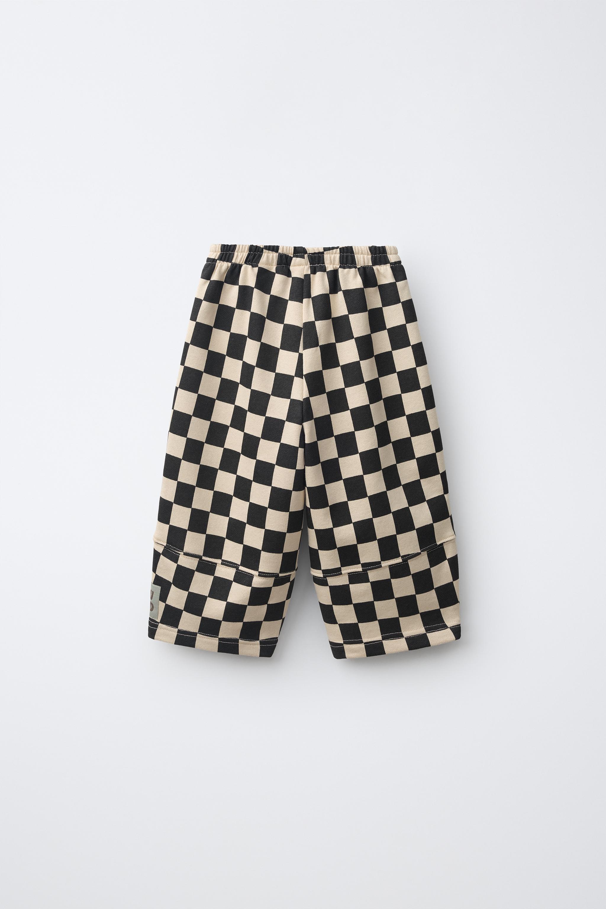CHECKERED BARREL PANTS — Ecru / Black