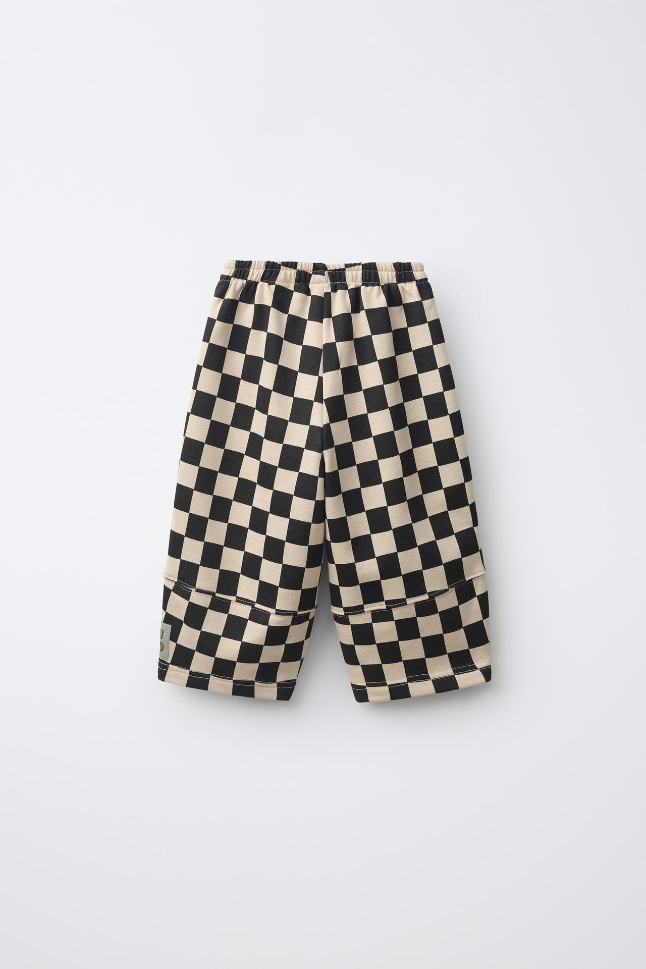 CHECKERBOARD BARREL PANTS — Ecru / Black