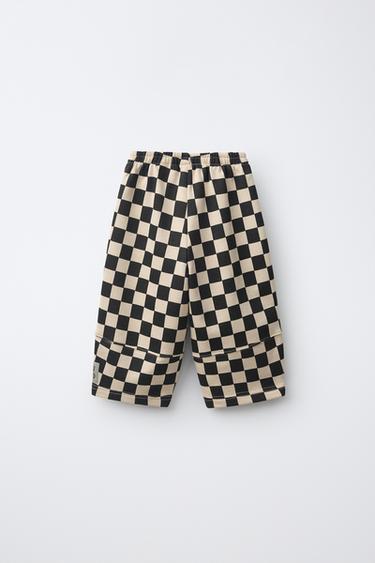 CHECKERBOARD BARREL PANTS — Ecru / Black 2