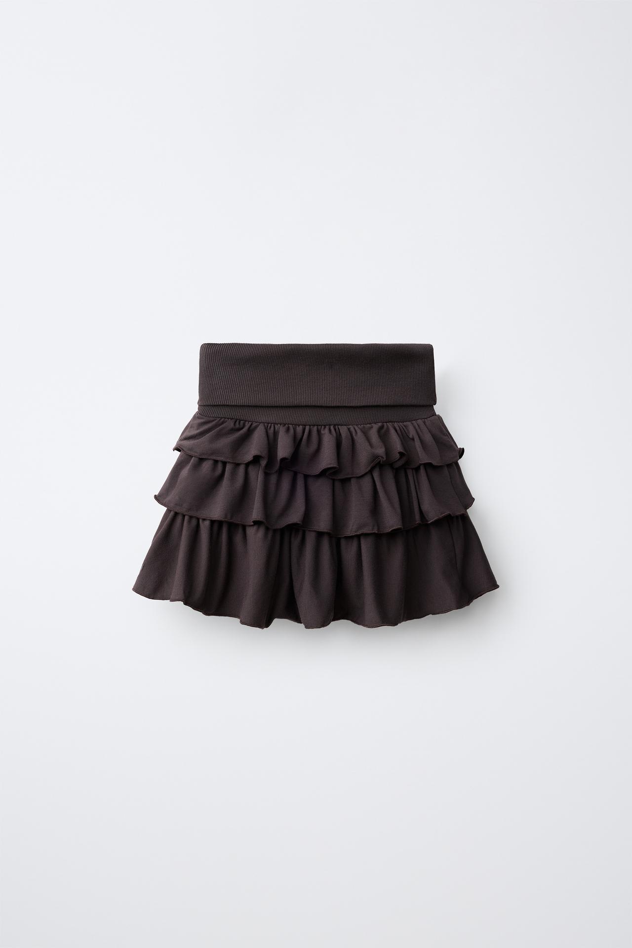 RUFFLED FOLDED-WAIST SKORT — Brown