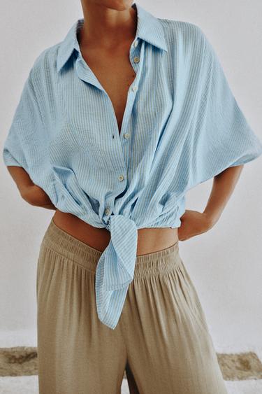 KNOTTED STRIPED SHIRT — Light blue 2