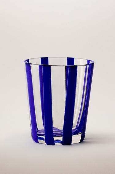 GLASS TUMBLER WITH LINE DESIGN - Blue by Zara