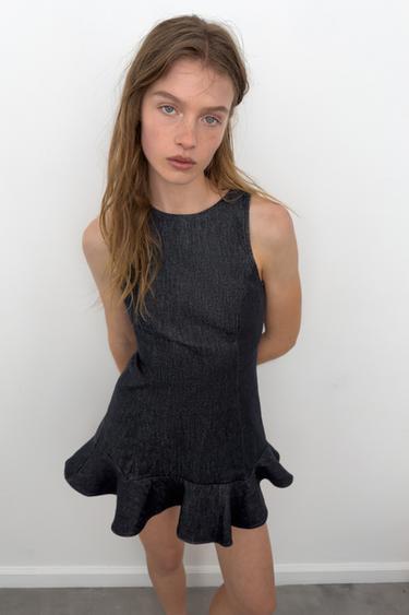 Zara TRF DENIM RUFFLE DRESS - Dark indigo
