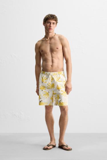 FLORAL PRINT LONG SWIMMING TRUNKS - Ecru by Zara - Image 0