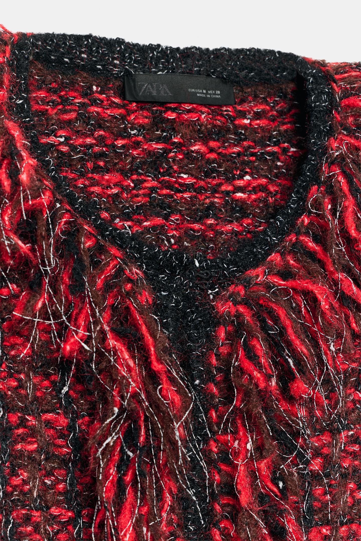 Женский кардиган Zara Structured Fringed, цвет: Красный / Чёрный — фото 8