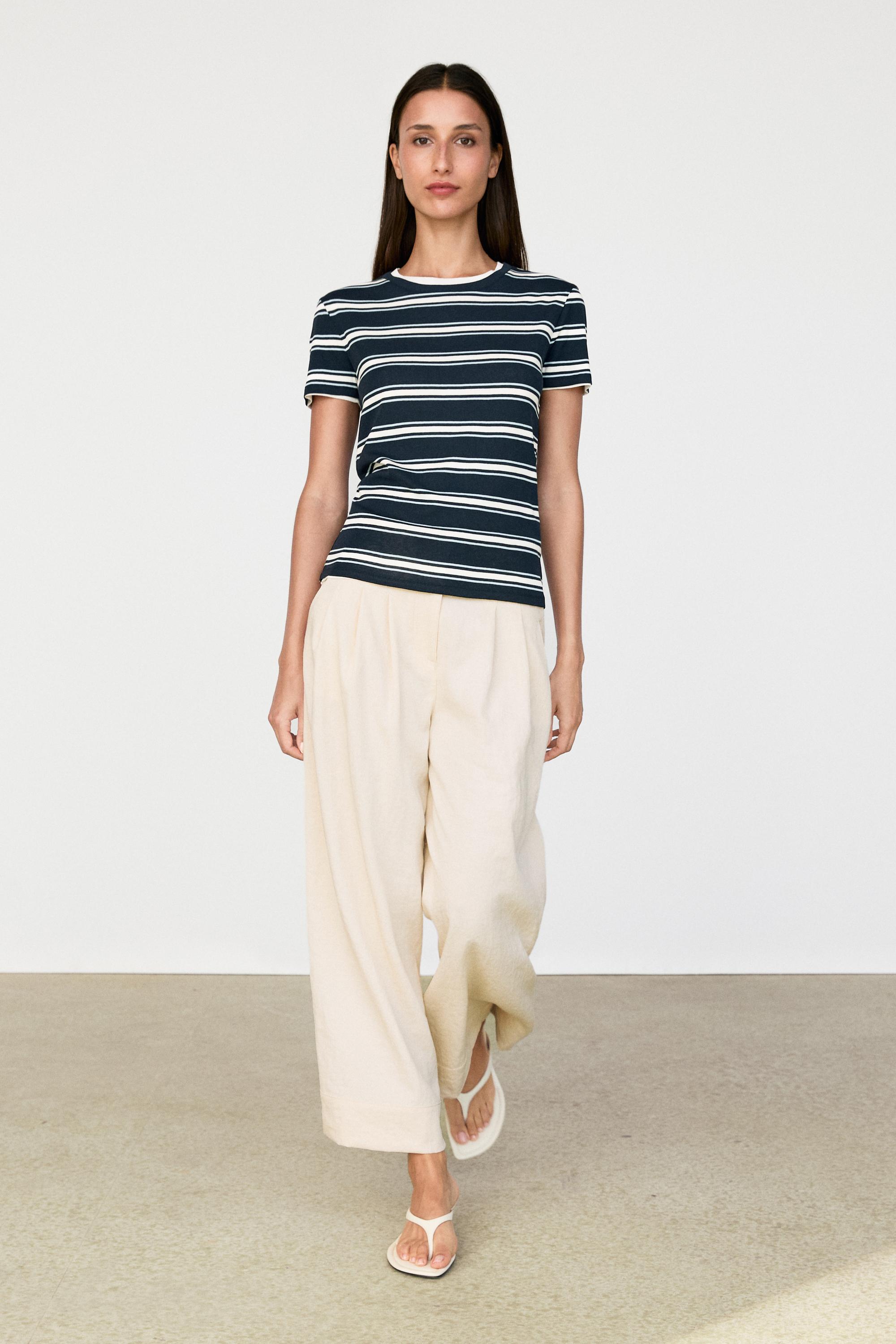 Double-layer striped short sleeve T-shirt — Blue