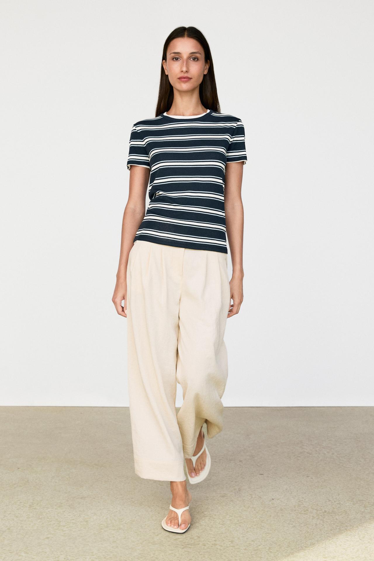 Double-layer striped short sleeve T-shirt — Blue