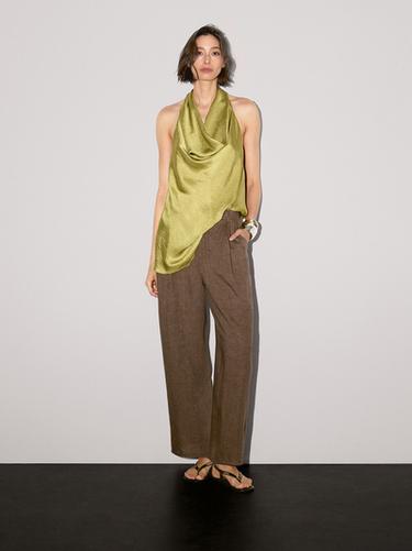 Zara 100% linen wide-leg trousers - brown vigore