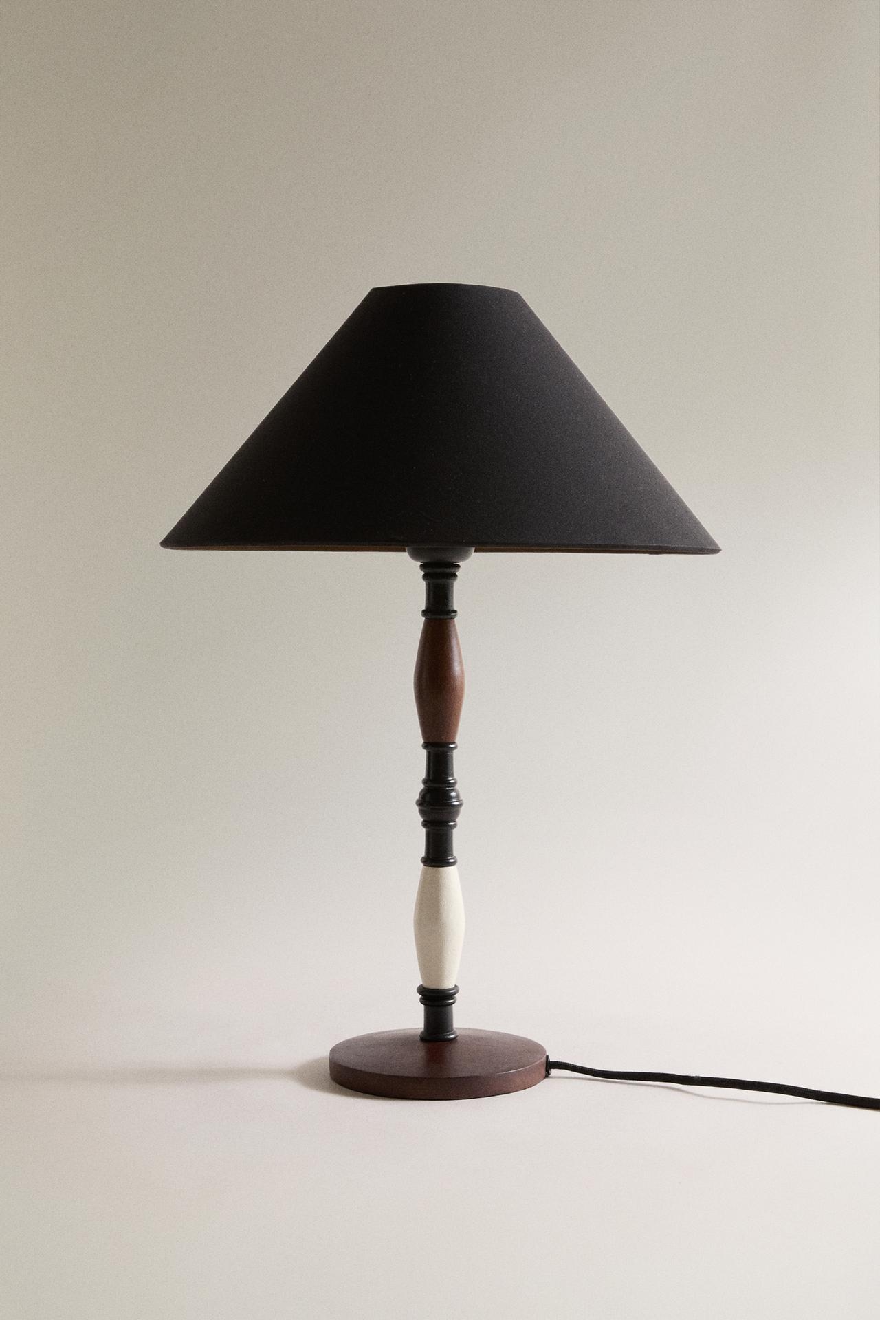 WOOD AND LINEN TABLE LAMP — Black