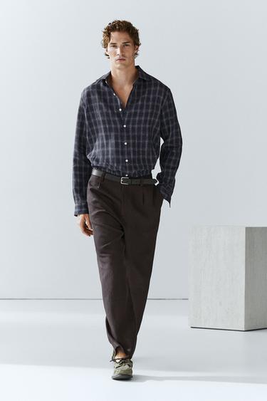 Chemise regular fit à carreaux 100 % lin - Bleu de Zara