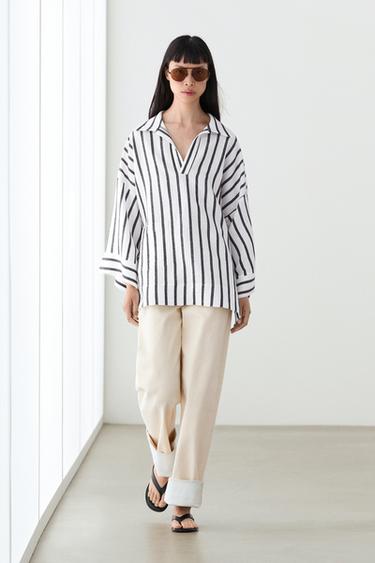Camisa oversize rayas con lino - Blanco de Zara - Imagen 0