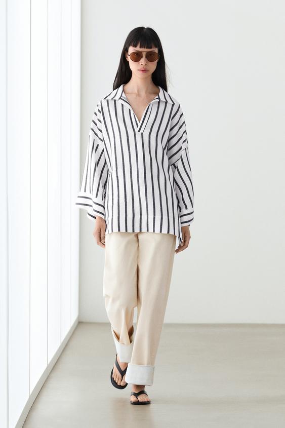 Striped oversize linen blend shirt from Zara - $160