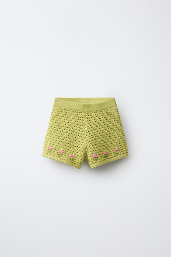 Zara 鬱金香刺繡針織短褲 - 淡綠色 - 圖片 0