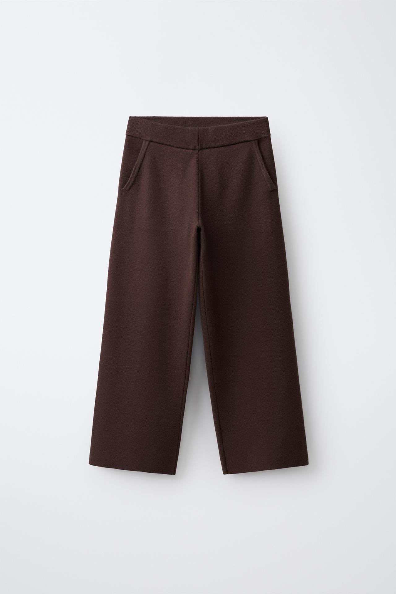 WIDE-LEG KNIT PANTS — Brown